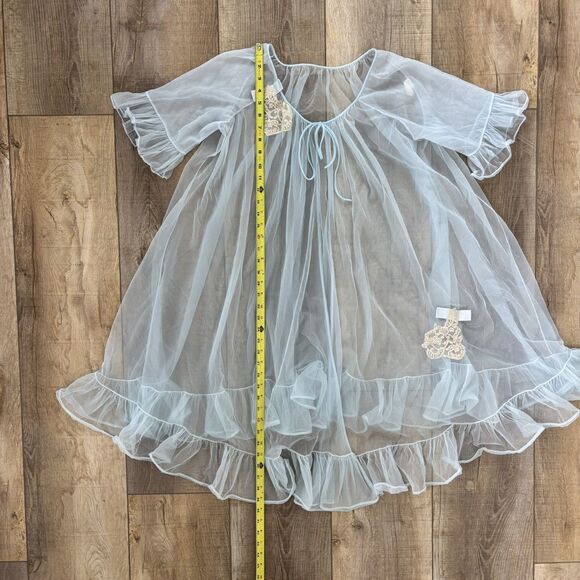 Vtg Lisette Lingerie Blue Lace Chiffon Robe Sz Med Peignoir Negligee Sheer Lace - Picture 10 of 13